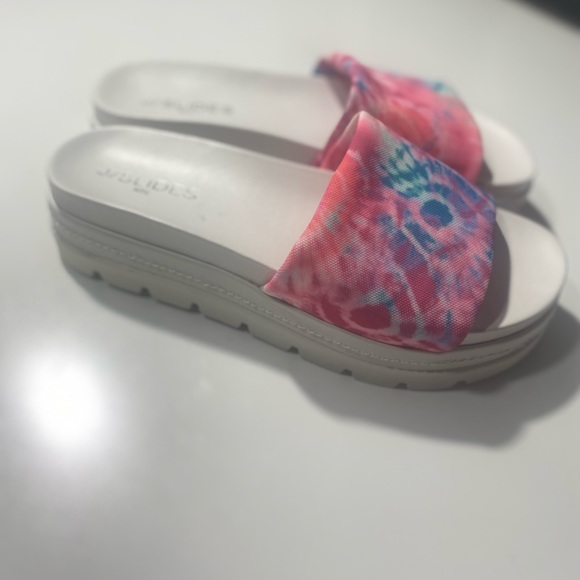 J Slides Blue Pink Tie Dye Brit Stretch Chunky Platform Slip On Sandals NWOT 8.5 - Picture 5 of 16
